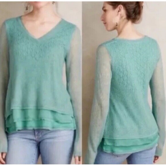 Anthropologie Knitted & Knotted Irina Sweater Medium Green Alpaca Sheer Hem Boho - Picture 1 of 11